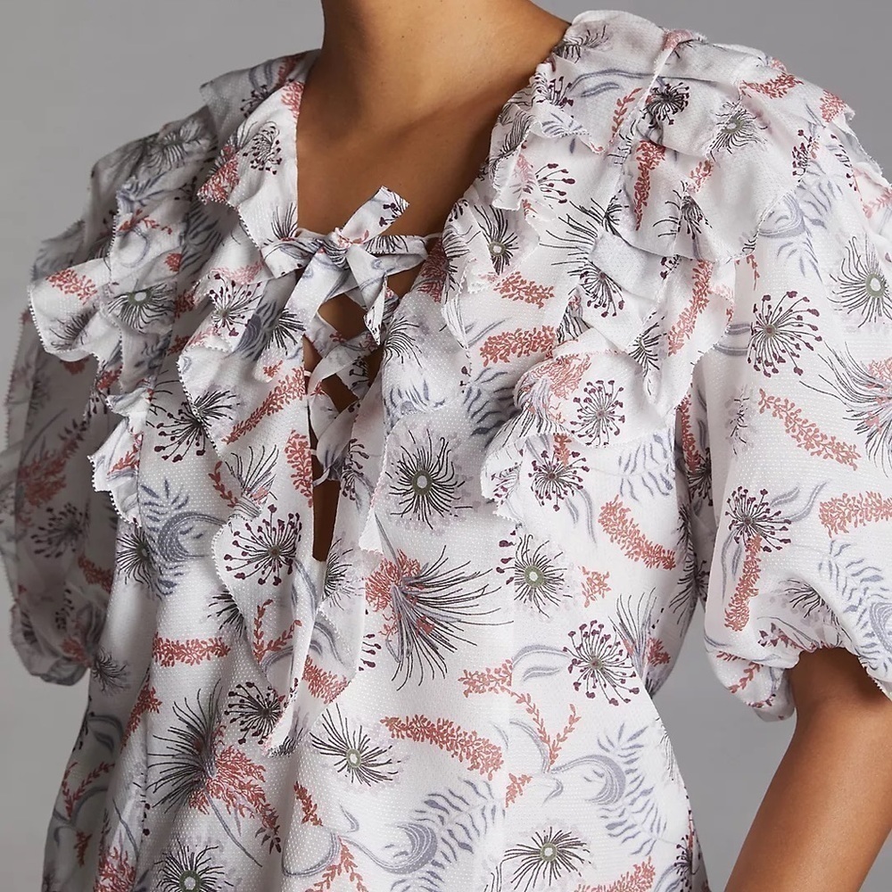 NWT - Anthropologie Magali Pascal Ruffle Lace Front Cotton/Silk Lined Blouse - Picture 2 of 4
